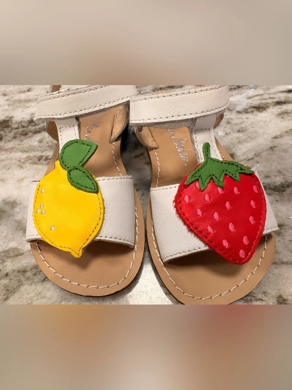 Mini Boden White Kids Sandals with Lemon and Strawberry Appliqués